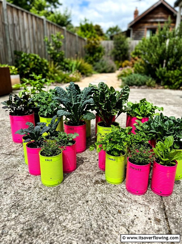 Bright Neon Tin Can Pot - 25 upcycled garden ideas with old cans