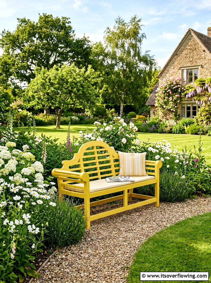 Bright Yellow Garden Bench - 25 front porch ideas with bench seating