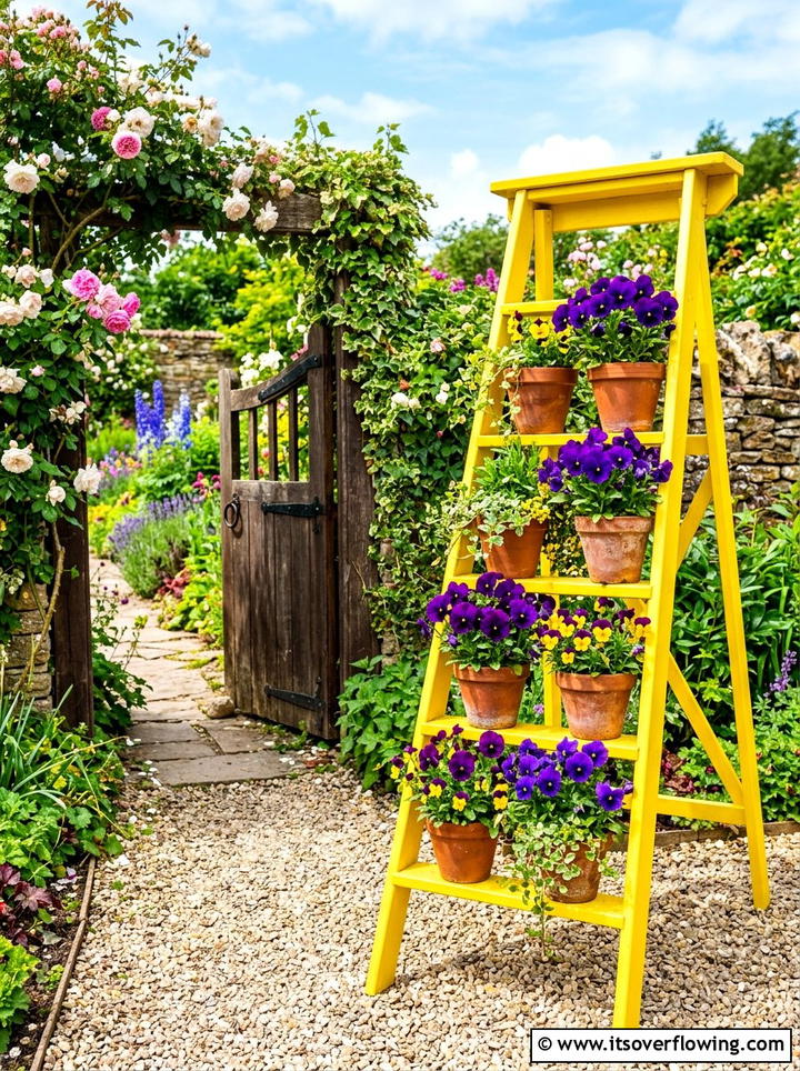 Bright Yellow Ladder Planter - 25 backyard ideas with old ladder planter