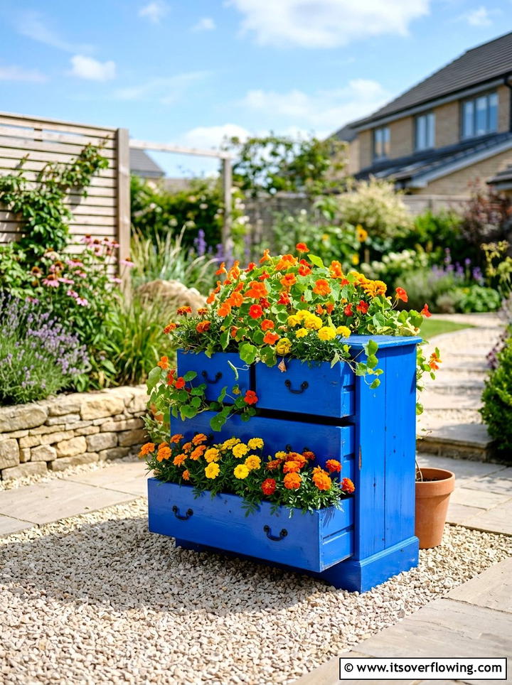 Bright blue flower dresser - 25 upcycled garden ideas with old dressers