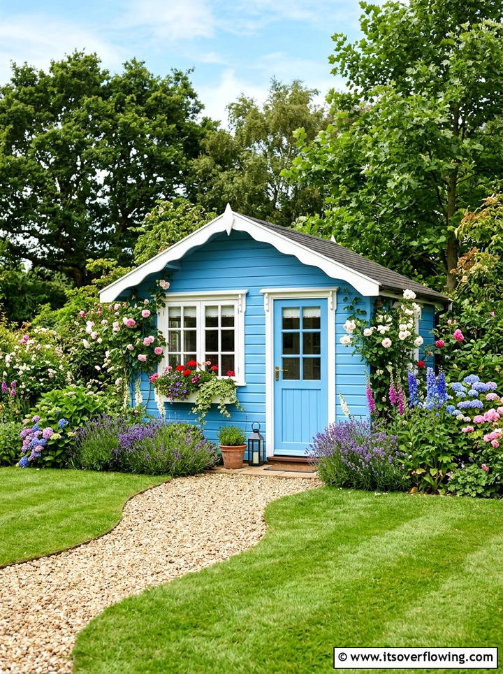 Bright blue garden shed - 25 garden decor ideas with colorful accents