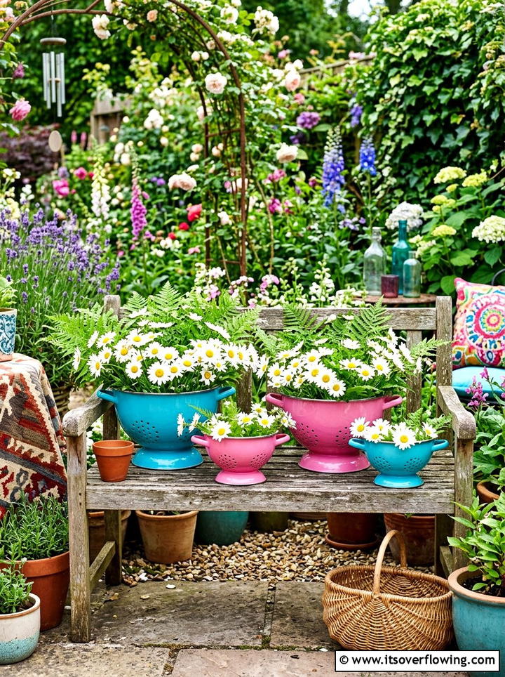 Bright colored colander - 25 upcycled garden ideas with old colanders