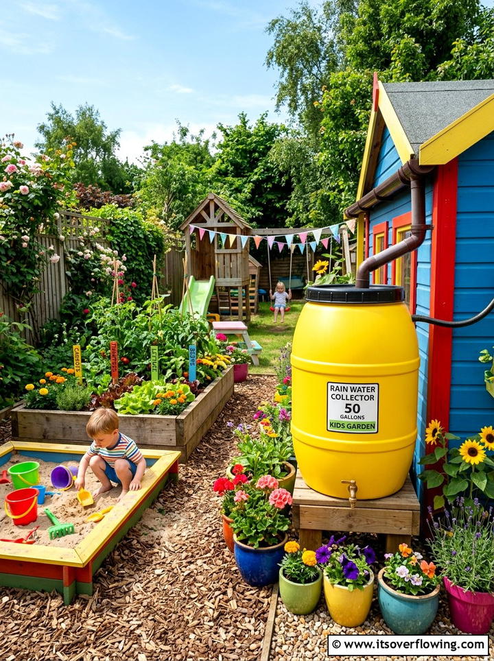Bright colored rain barrel for kids garden - 25 creative garden ideas with rain barrel displays