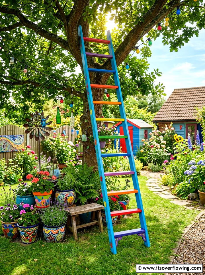Bright colorful ladder - 25 creative garden ideas with ladder planters