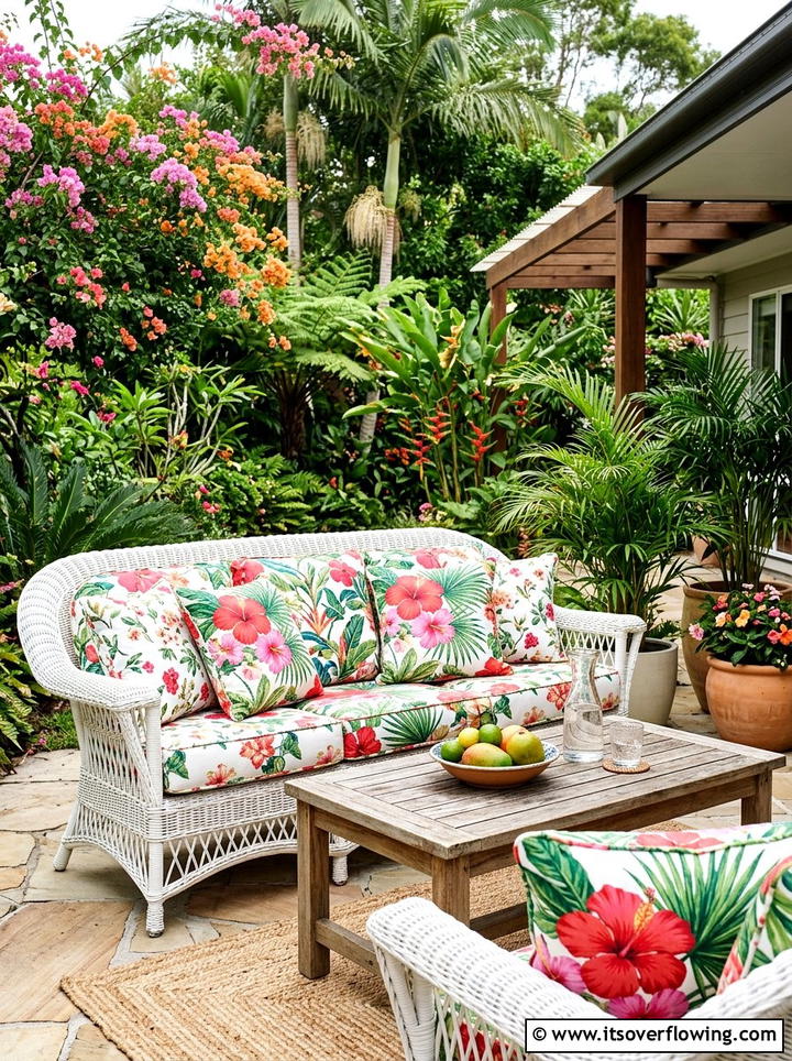 Bright floral cushions - 25 backyard decorating ideas with tropical accents