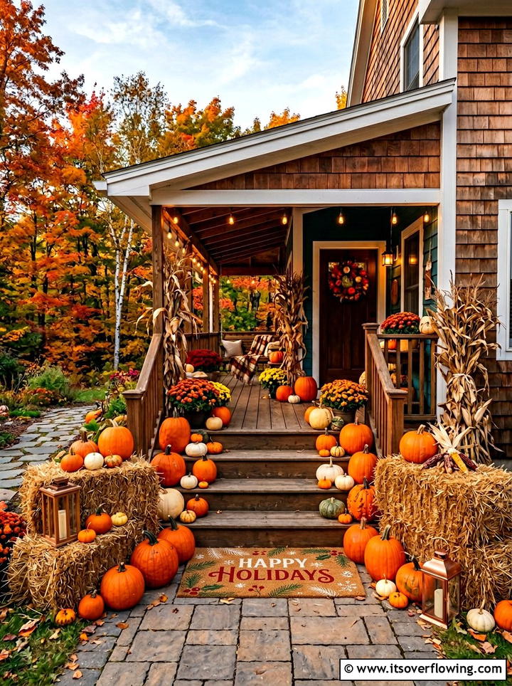 Bright orange pumpkin porch - 25 front porch ideas with holiday doormat
