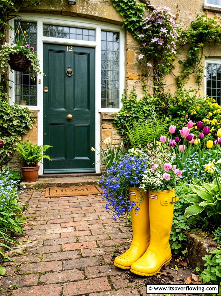 Bright rain boot planters - 25 creative garden ideas with unusual planters