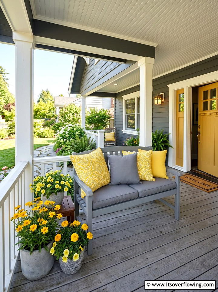 Bright yellow and grey porch pillow combo - 25 front porch decor ideas with pillows