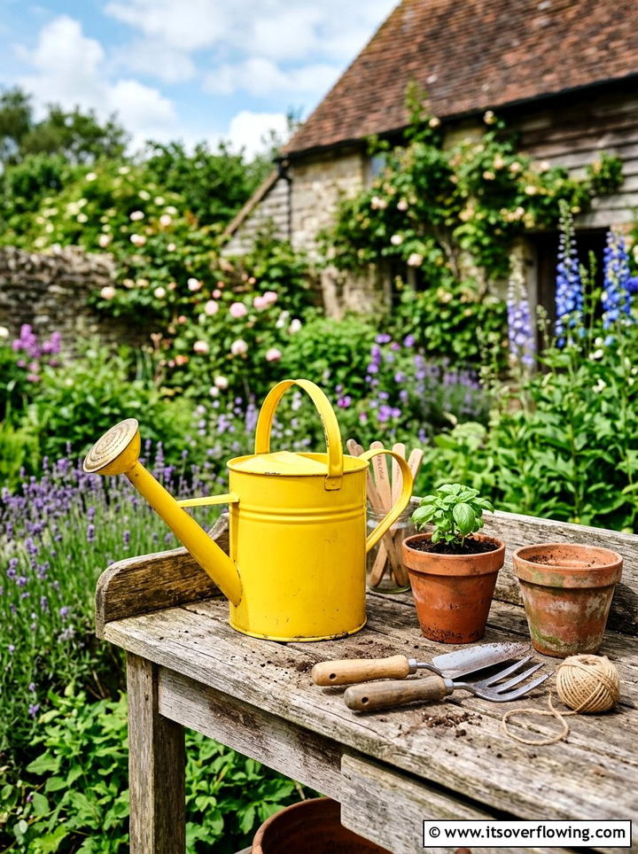 Brightly colored watering can - 25 garden decor ideas with colorful accents