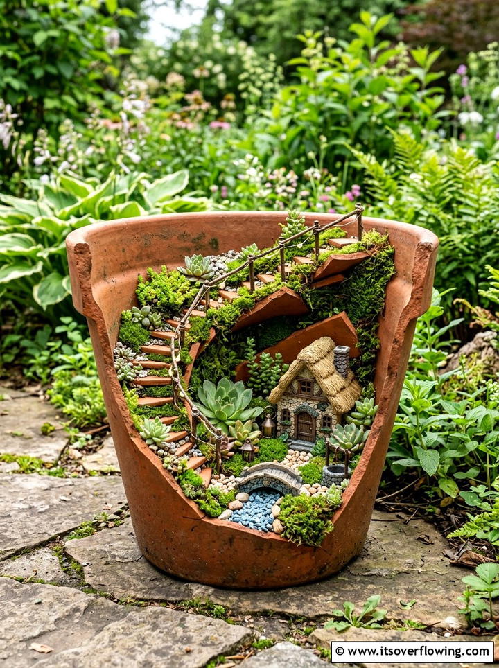 Broken Ceramic Pot Fairy Garden - 25 recycled garden ideas with composting