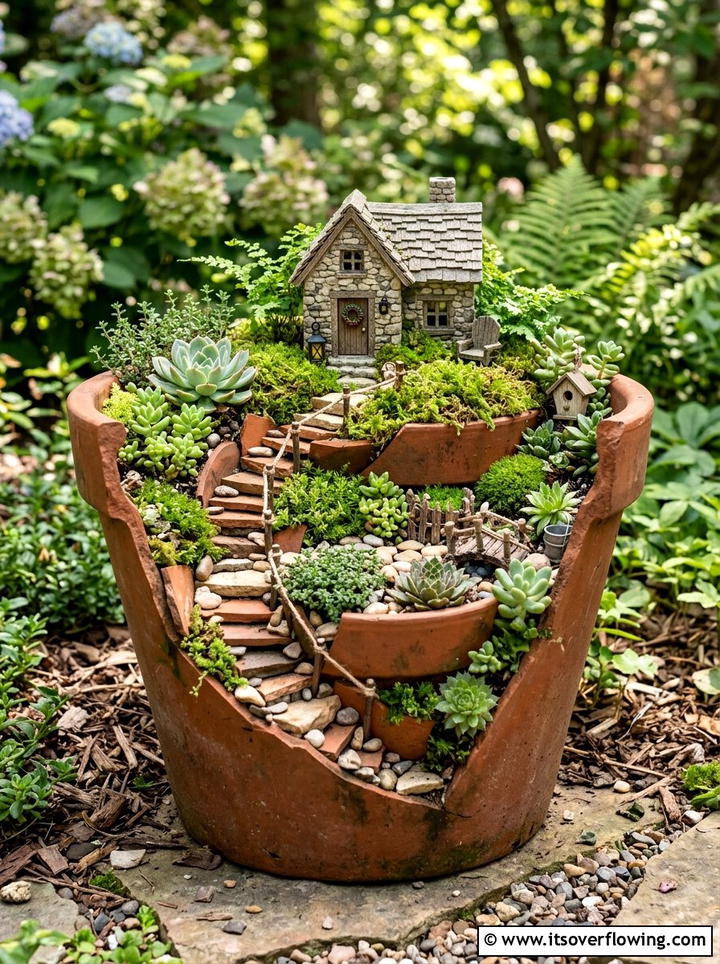 Broken Ceramic Pot - 25 upcycled garden ideas with fairy gardens