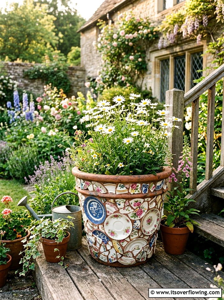 Broken China Flower Containers - 25 creative garden ideas with mosaic planters