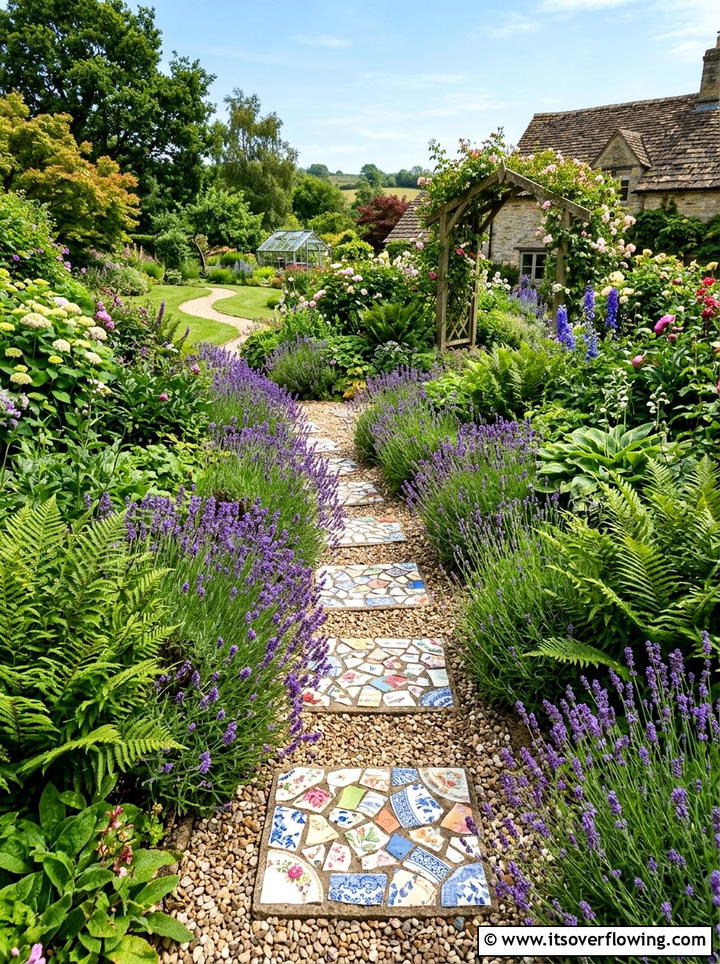 Broken China Mosaic Stepping Stones - 25 recycled garden ideas with chipped dishes