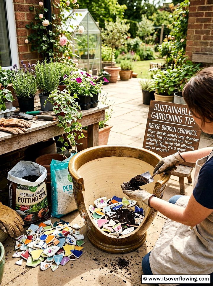 Broken Cup Drainage Layer - 25 recycled garden ideas with chipped dishes