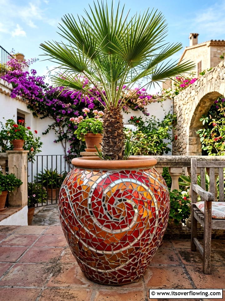 Broken Glass Planter Mosaic - 25 recycled garden ideas with recycled glass art