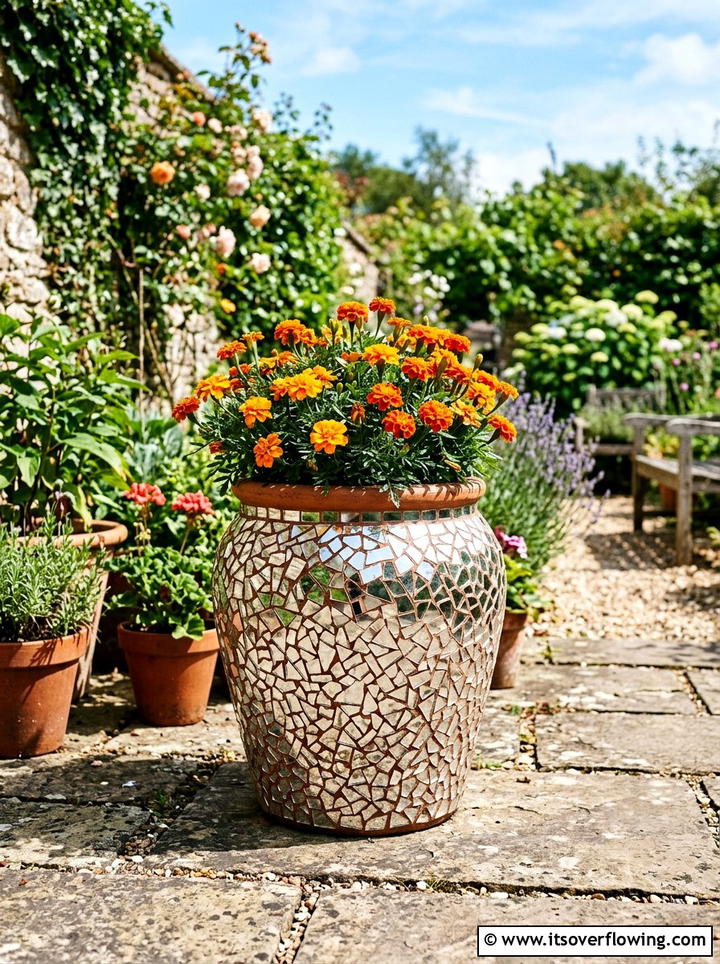 Broken Mirror Mosaic Pot - 25 recycled garden ideas with mirror pieces