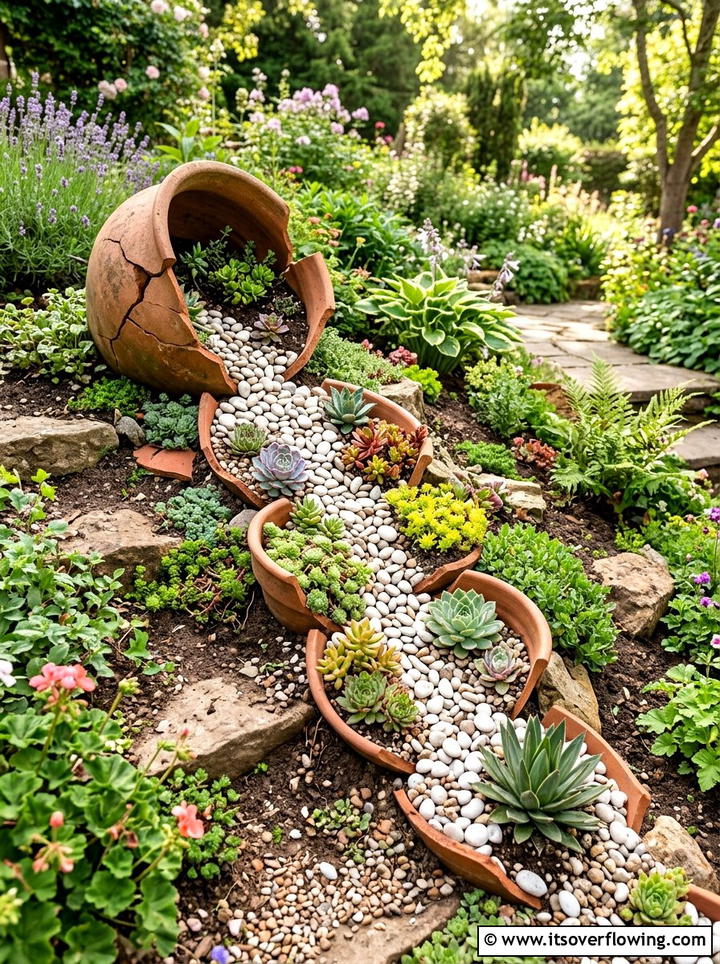 Broken Pot Display - 25 recycled garden ideas with pebbles