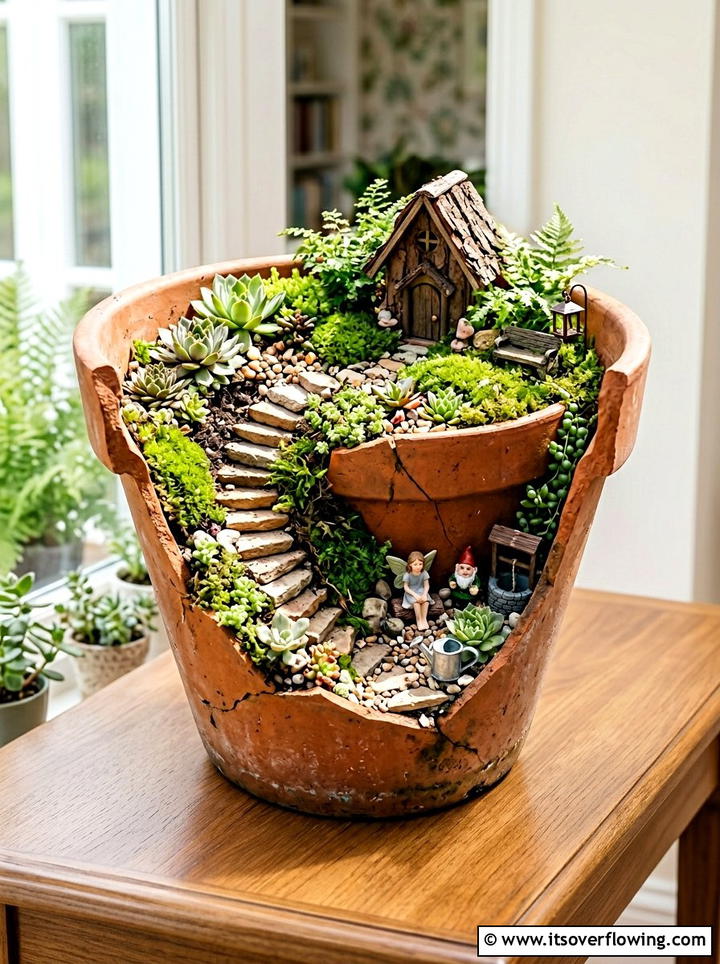 Broken Pot Fairy Garden - 25 recycled garden ideas for backyard decor