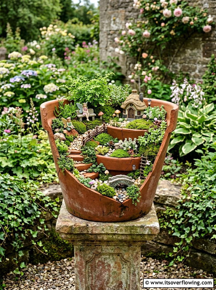 Broken Pot Fairy Garden Landscape - 25 recycled garden ideas for kids