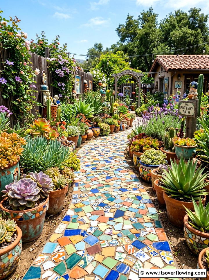 Broken Pottery Shard Walkway - 25 reusing old things ideas for garden pathways