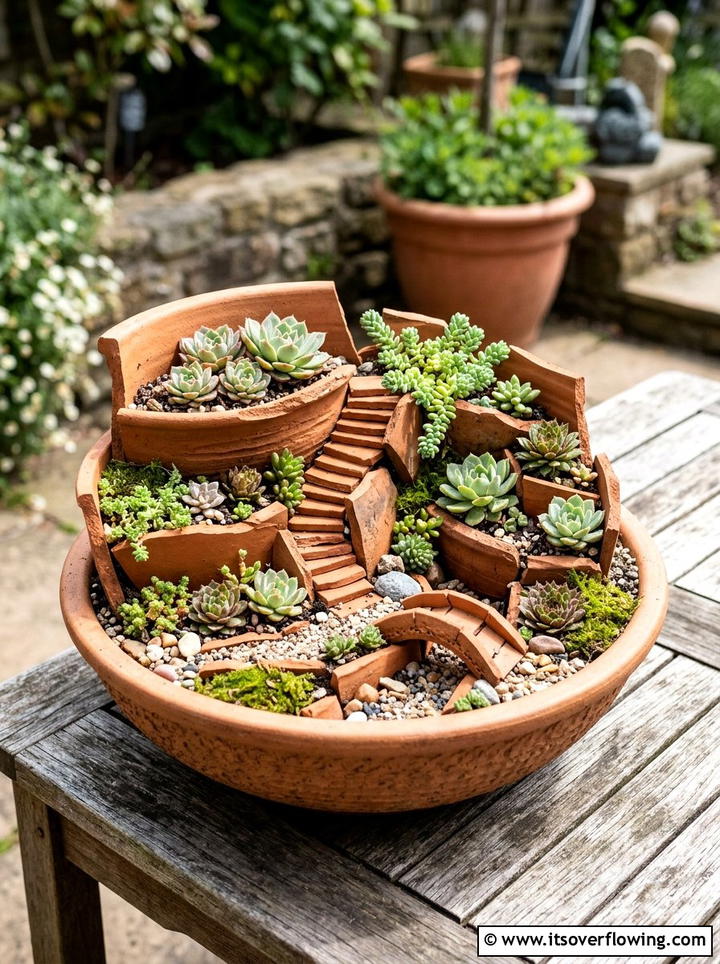 Broken Pottery Succulent Garden - 25 garden ideas with low cost materials