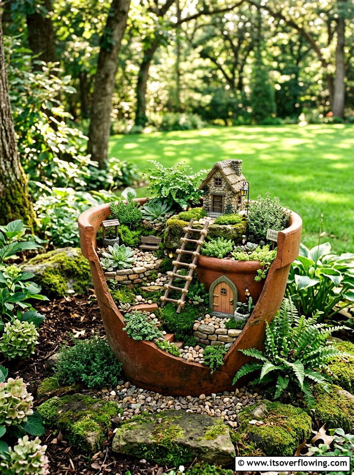 Broken pot fairy garden - 25 recycled garden ideas with broken pots