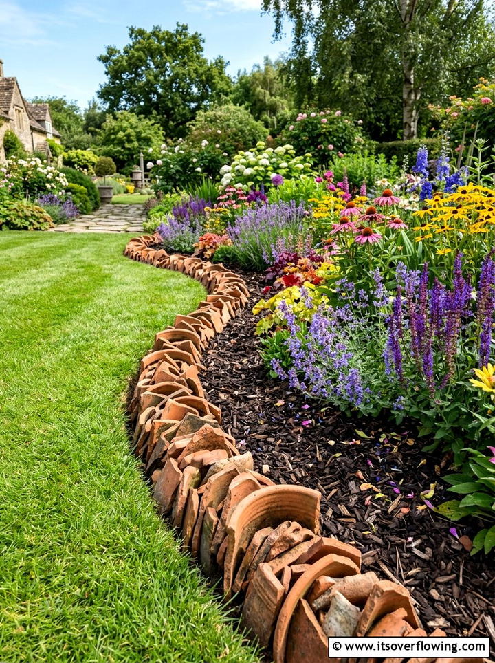 Broken pot garden edging - 25 recycled garden ideas with broken pots