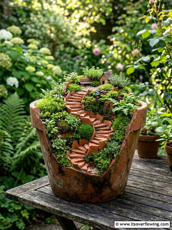 Broken pot staircase garden - 25 recycled garden ideas with broken pots
