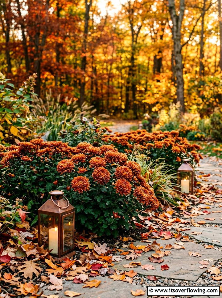 Bronze mums with autumn leaves - 25 front porch ideas with mums