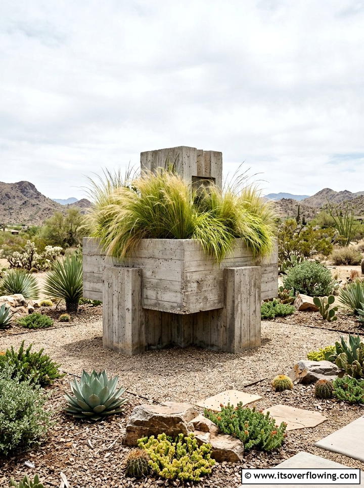 Brutalist concrete planter sculpture - 25 garden ideas with concrete planters