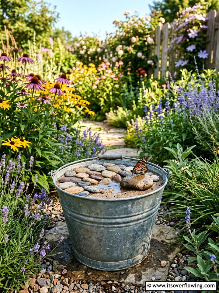 Bucket butterfly water station - 25 upcycled garden ideas with old buckets