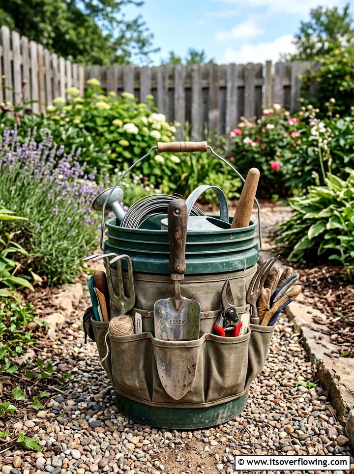 Bucket garden tool organizer - 25 upcycled garden ideas with old buckets