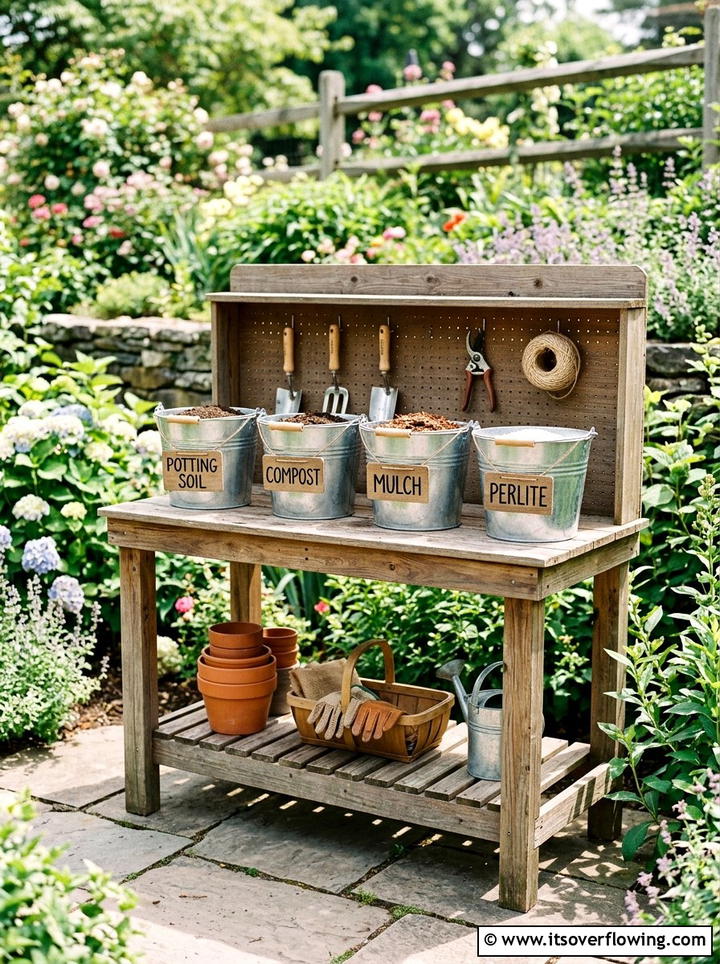 Bucket potting bench storage - 25 upcycled garden ideas with old buckets