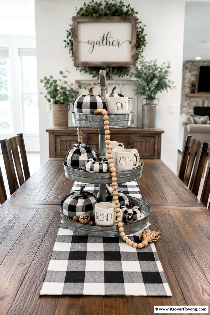 Buffalo Check Farmhouse Tray - 50 Fall Tiered Tray Decor Ideas for Festive Shelves
