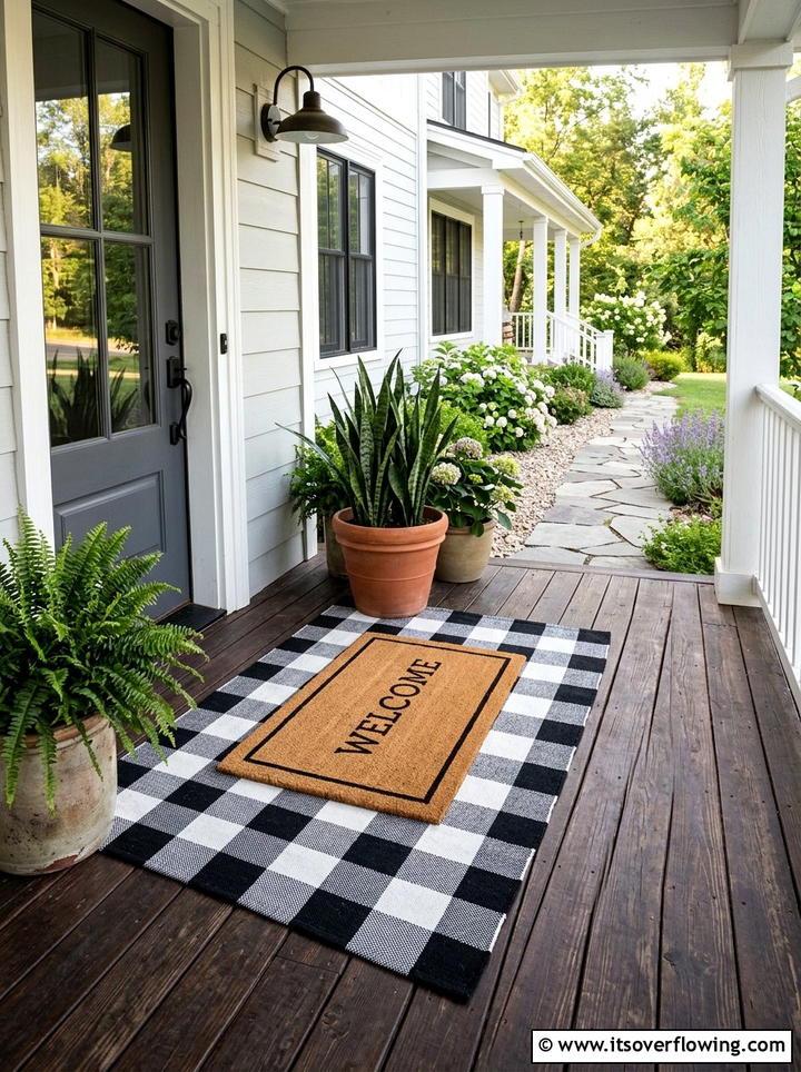 Buffalo Check Rug - 25 front porch decor ideas with farmhouse charm