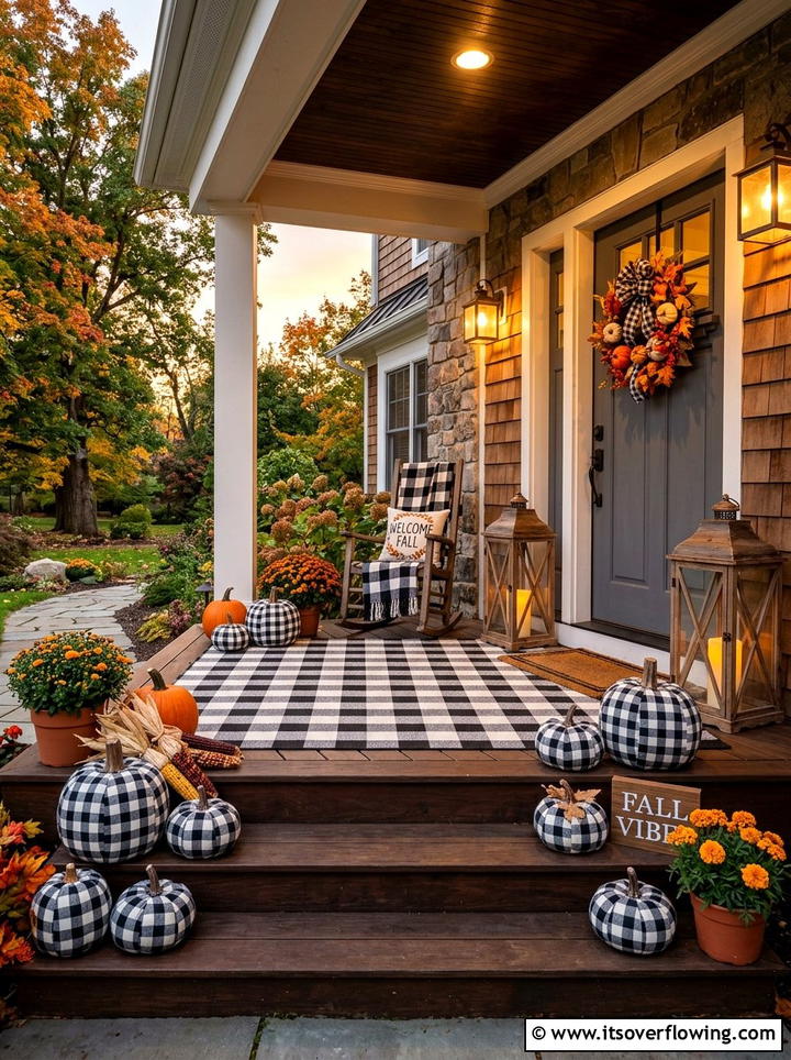 Buffalo check pumpkin porch - 25 front porch decor ideas with fake pumpkins