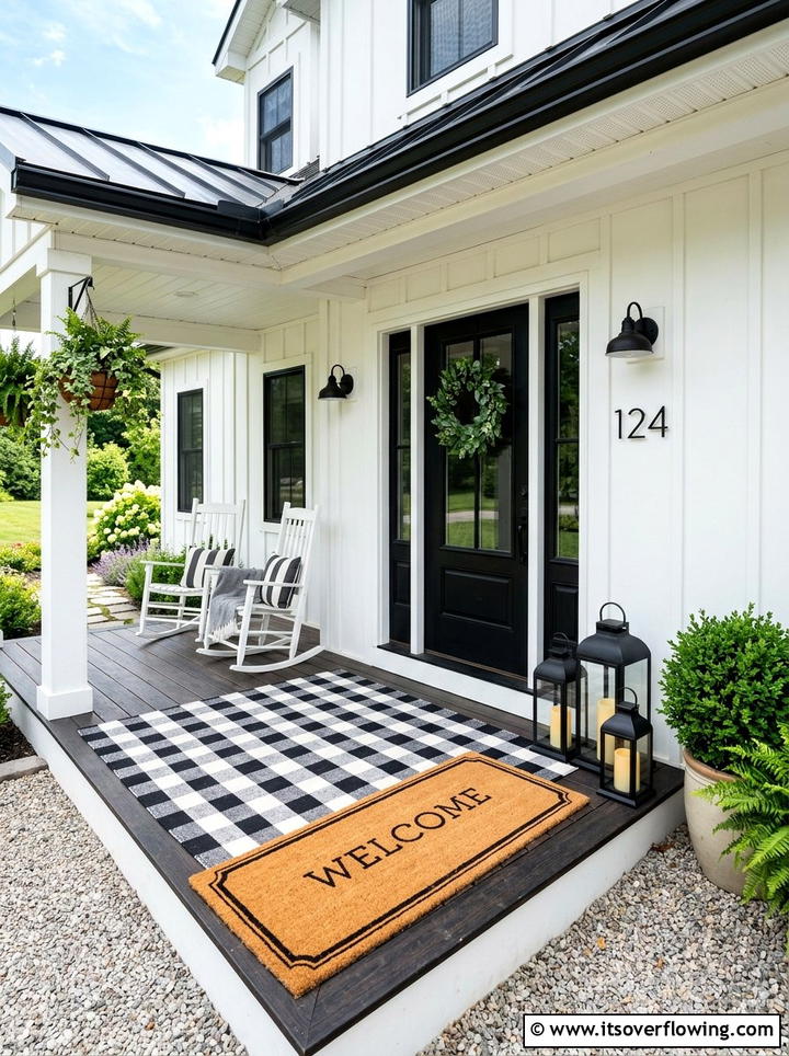 Buffalo check rug with coir mat - 25 front porch decor ideas with layered mats
