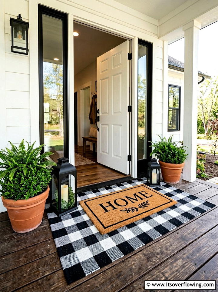 Buffalo plaid rug under doormat - 25 front porch ideas with holiday doormat