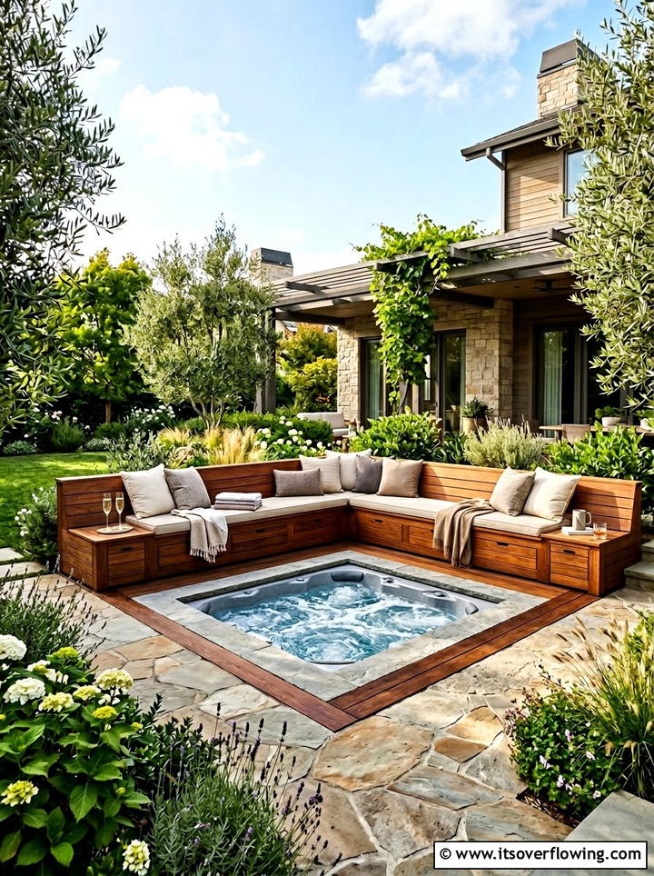 Built In Seating Hot Tub Area - 25 backyard ideas with hot tub