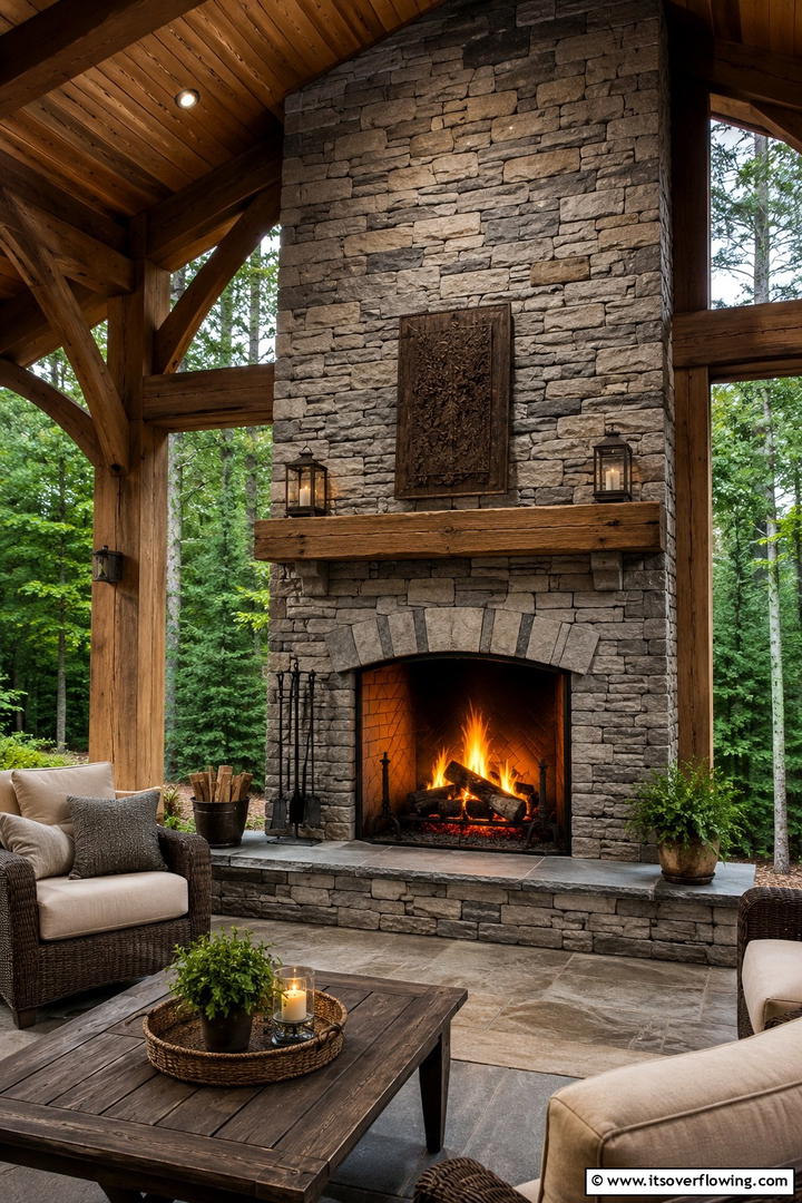 Built in Stone Fireplace Feature - 30 Elegant Stone Fire Pit Ideas for Backyard Entertaining
