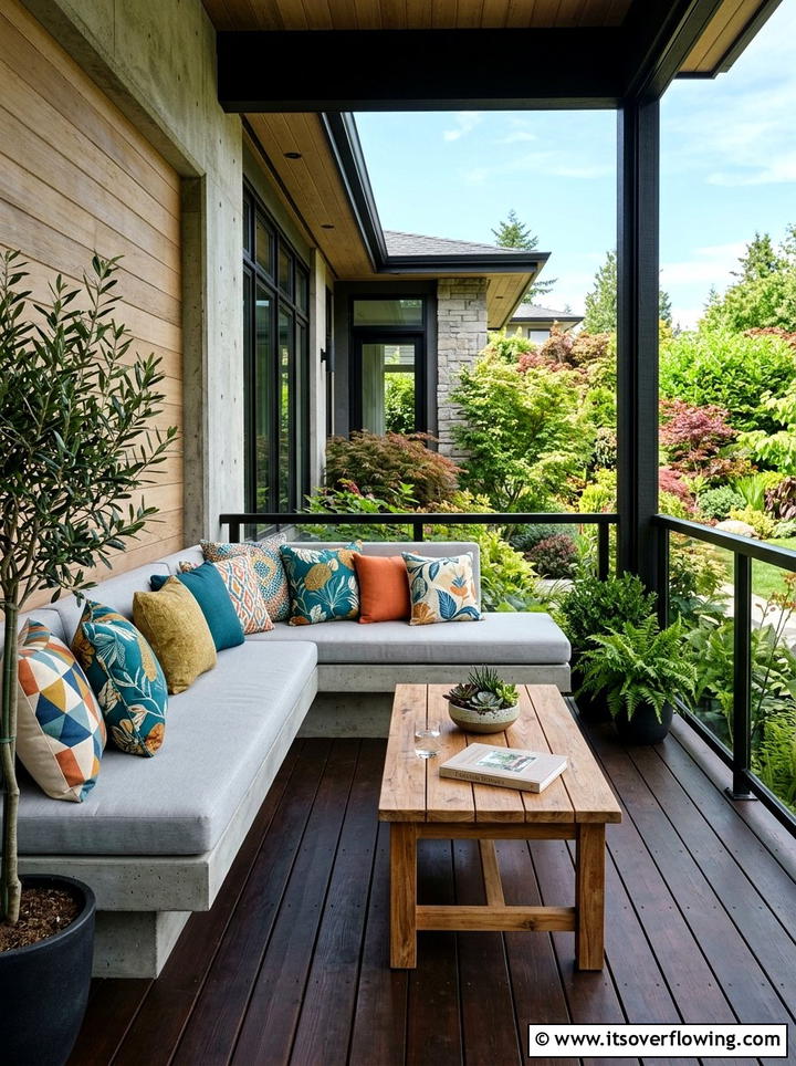 Built in seating - 25 front porch ideas with concrete floor
