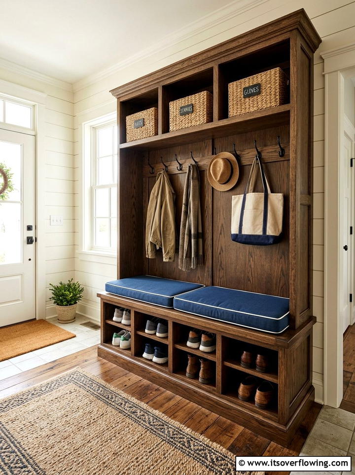Built in wooden bench with cubbies - 25 front porch ideas with shoe storage