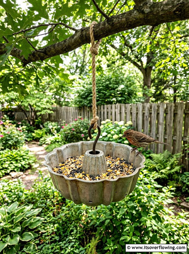 Bundt Pan Bird Feeder - 25 recycled garden ideas with old kitchenware