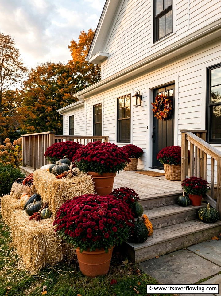Burgundy Mums On Front Porch - 25 front porch decor ideas with mums and hay bales