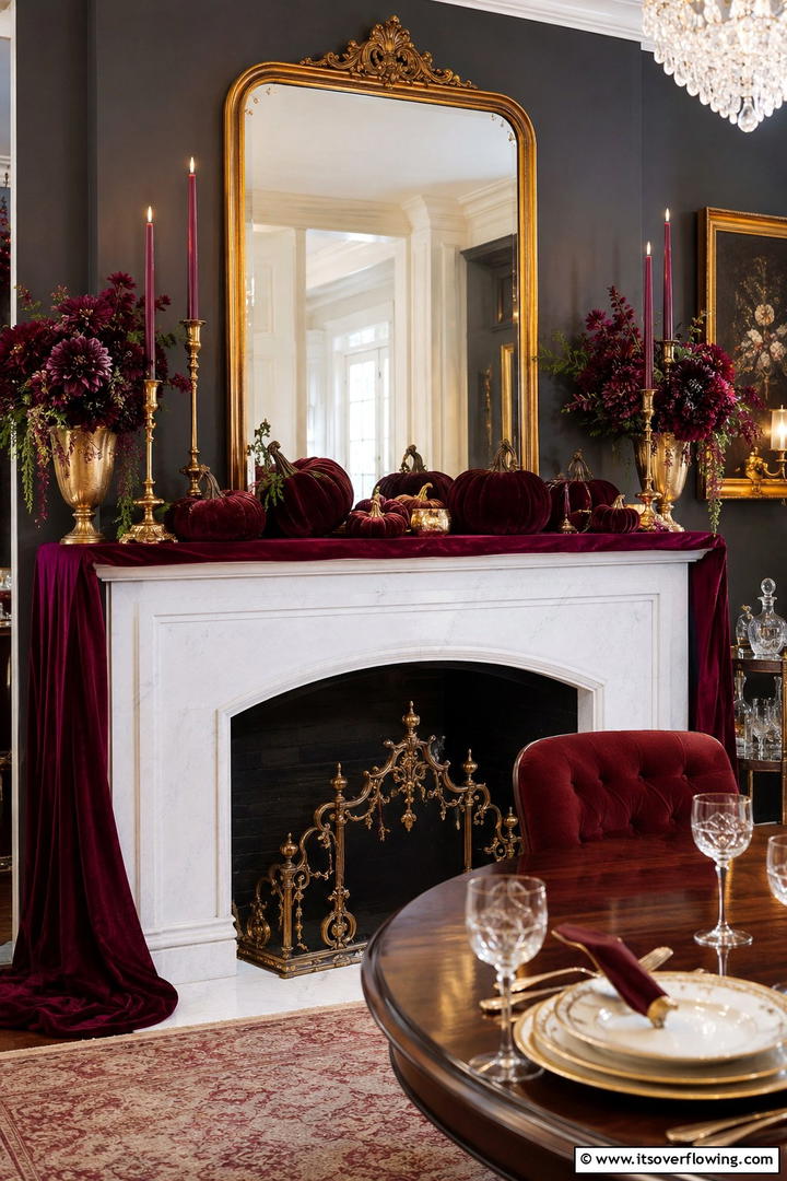 Burgundy Velvet Mantel Display - 50 Fall Mantel Decor Ideas for Cozy Spaces This Season
