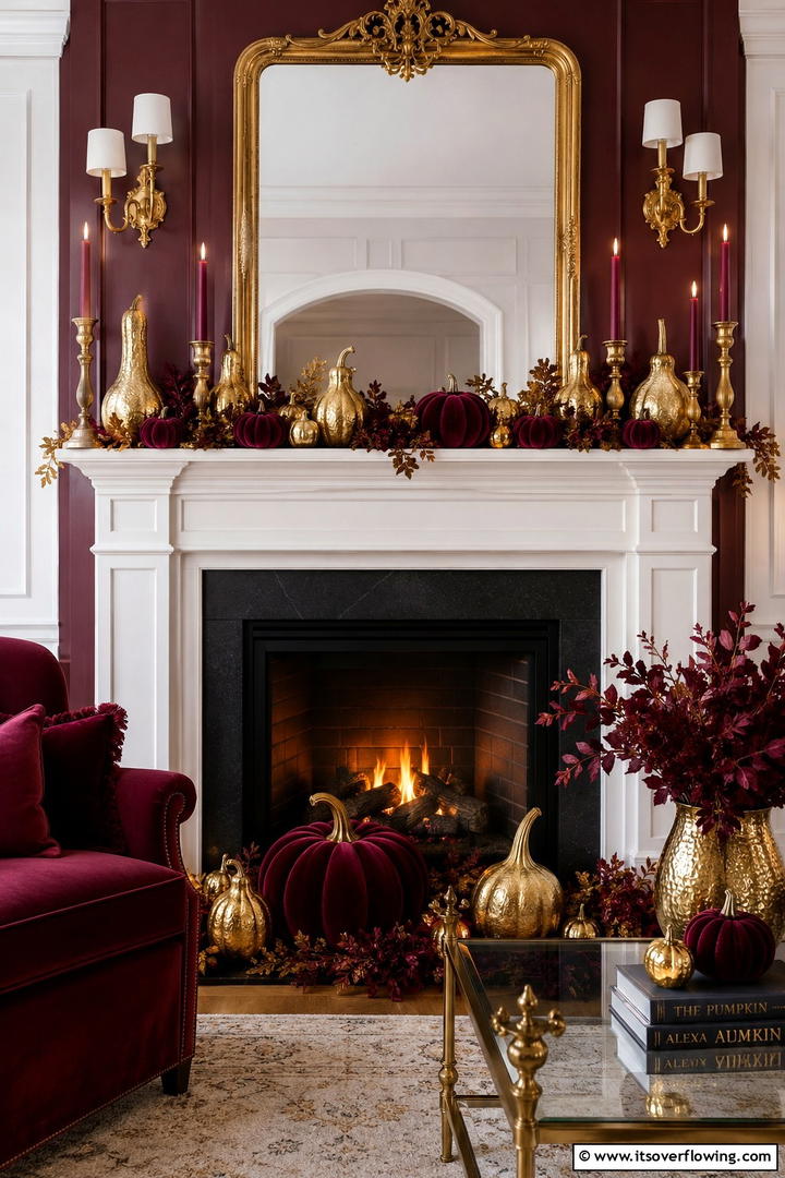 Burgundy and Gold Elegance - 50 Fall Fireplace Decor Ideas to Warm Autumn Gatherings