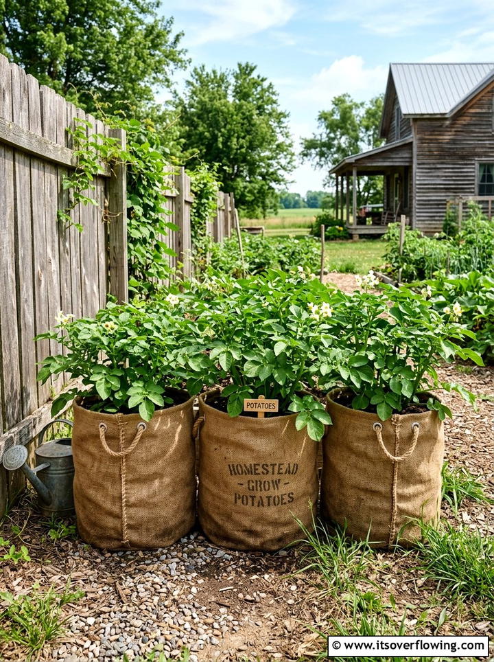 Burlap Sack Planter - 25 garden ideas with low cost materials