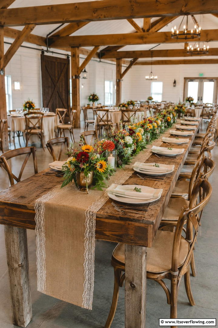Burlap Table Runner with Seasonal Blooms - 30 Rustic Wedding Centerpieces for a Charming Celebration