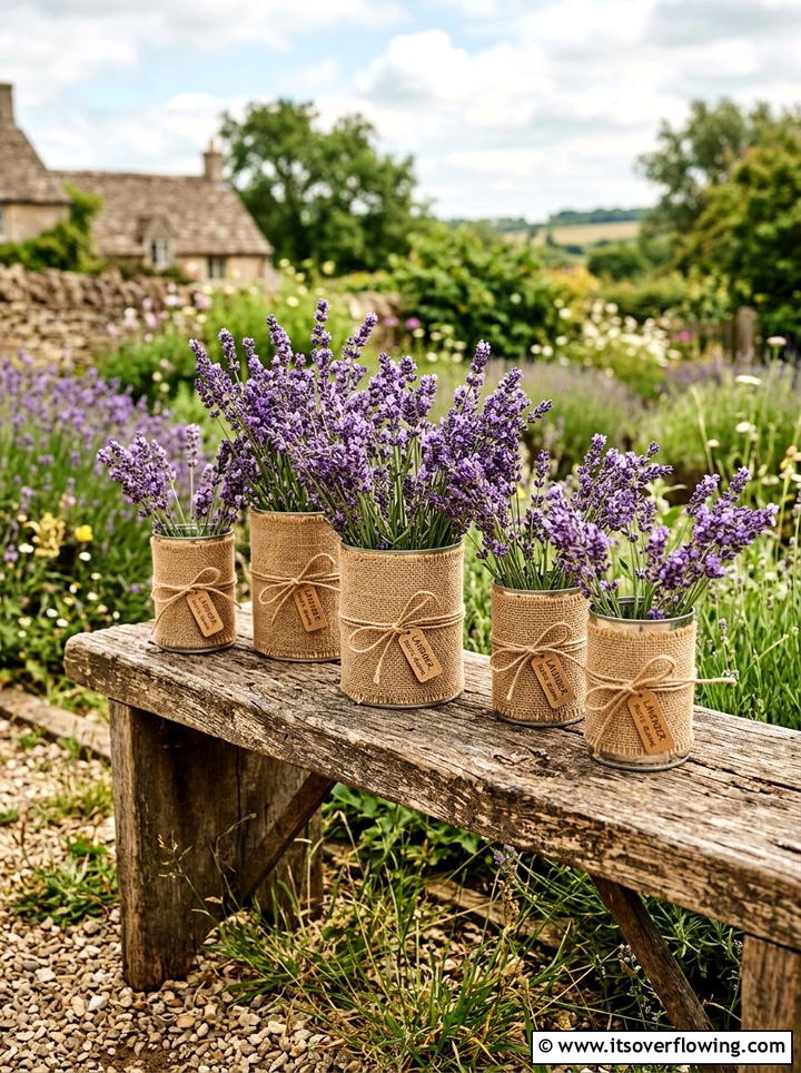 Burlap Wrapped Tin Can Decor - 25 upcycled garden ideas with old cans