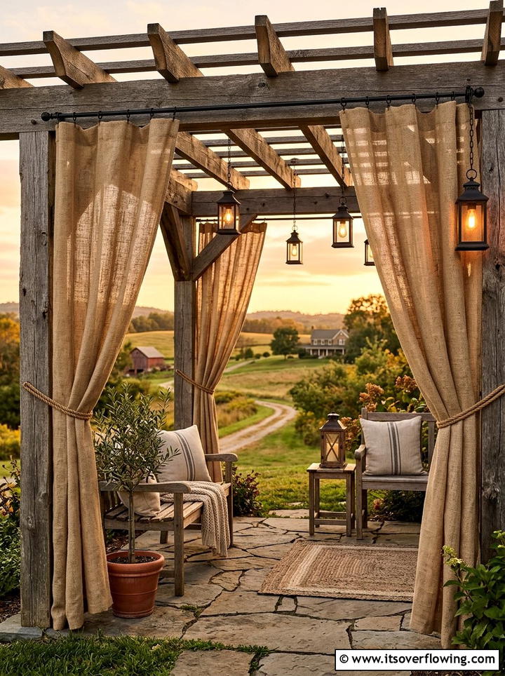 Burlap farmhouse curtains - 25 backyard ideas with pergola curtains